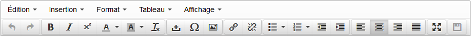 Barre des menus et barre d'outils de TinyMCE, personnalisée pour le projet_a. Interface TinyMCE